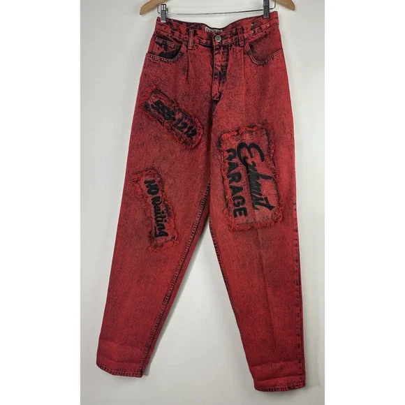 Vtg 90's Exhaust Red Acid Wash Graphic Denim Jeans Grunge Punk Size 31 *Flawed - Picture 16 of 16